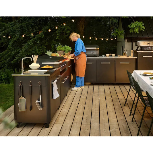 Brown outdoor kitchen island cozze outdoor kitchen 90 with stainless steel sink faucet and hanging utensils
