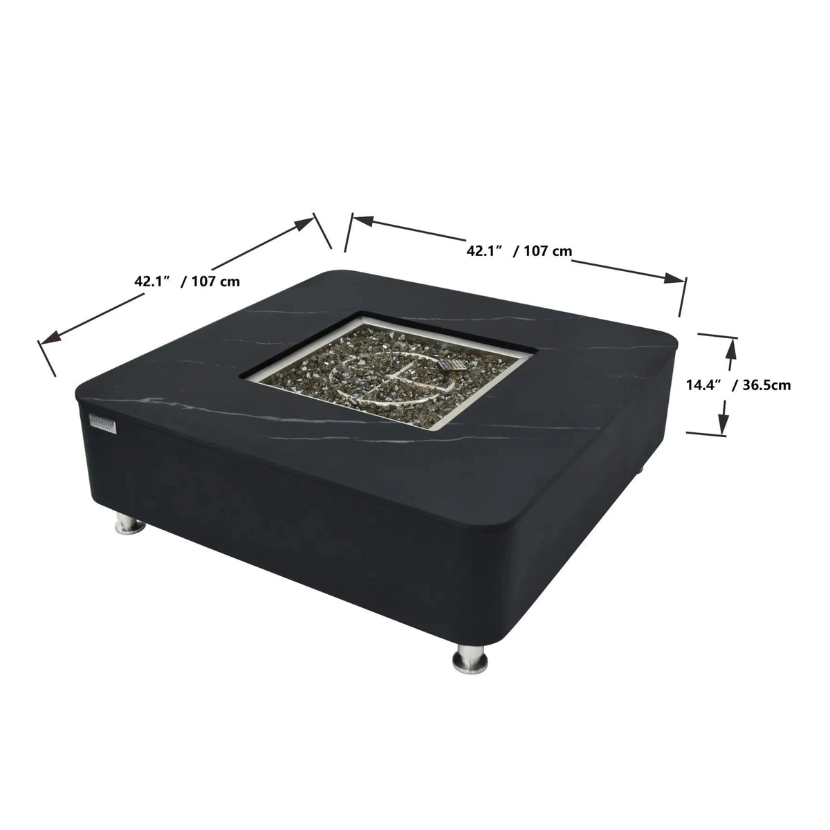 Elementi Plus Copenhagen porcelain top fire table with black square fire pit and sparkling gray silver glass beads