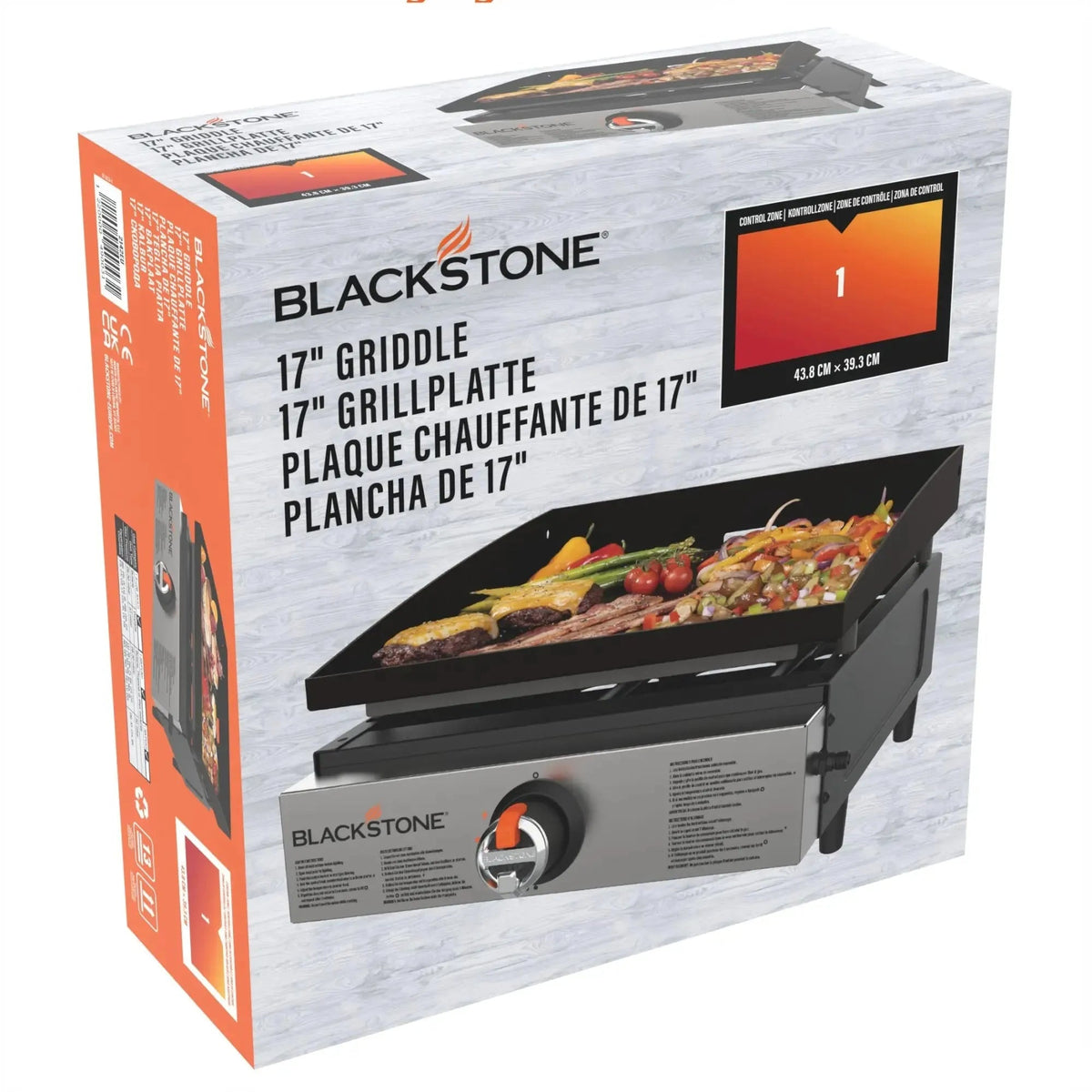 Blackstone 17 inch tabletop griddle with black cooking surface and silver control panel for outdoor cooking