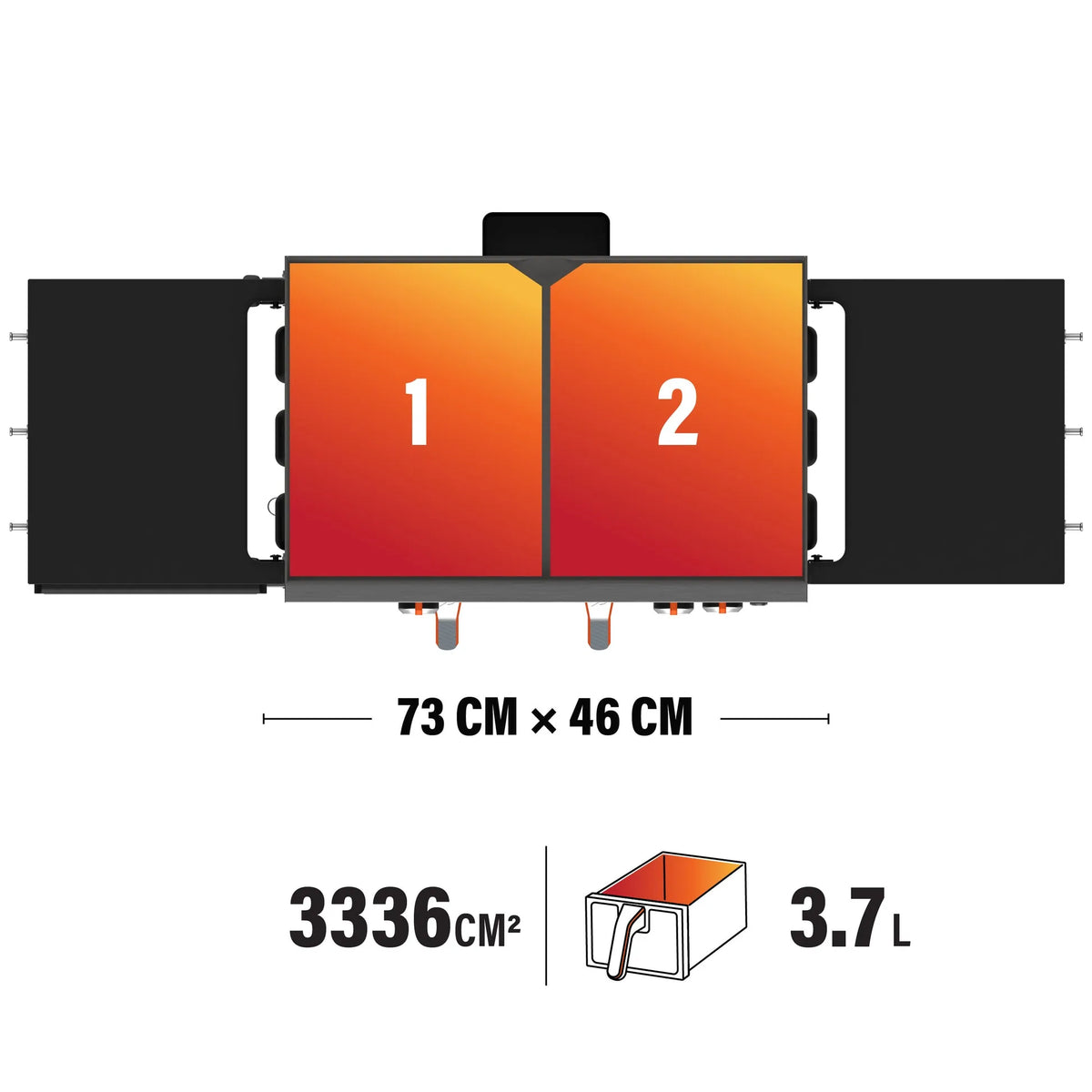 Blackstone 28 inch griddle with air fryers featuring orange gradient dual-screen display with black panels and metallic frame