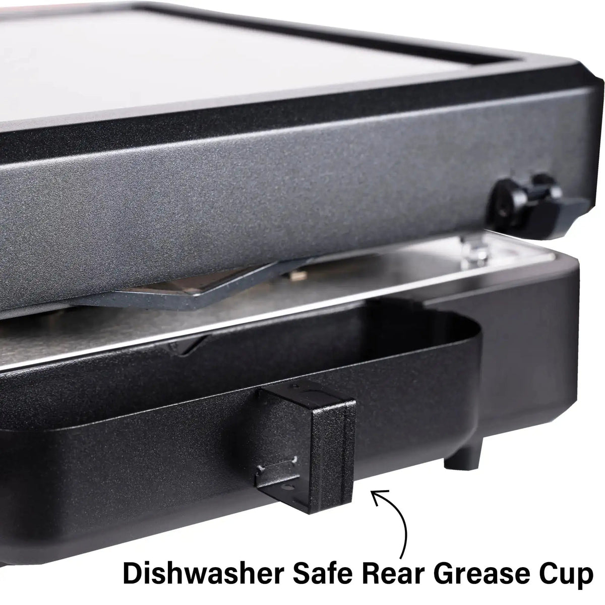 Black plastic dishwasher safe rear grease cup with small rectangular handle for Blackstone E Series 17 inch electric griddle
