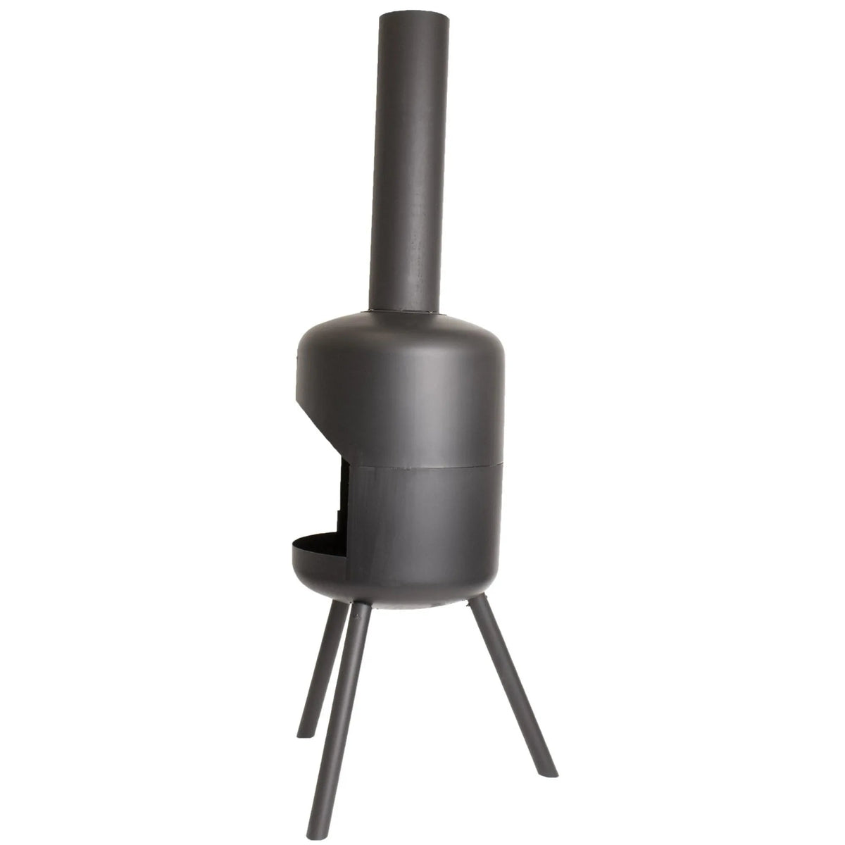 BonFeu BonSelo black outdoor fireplace chiminea with cylindrical body tall chimney and tripod legs made of metal