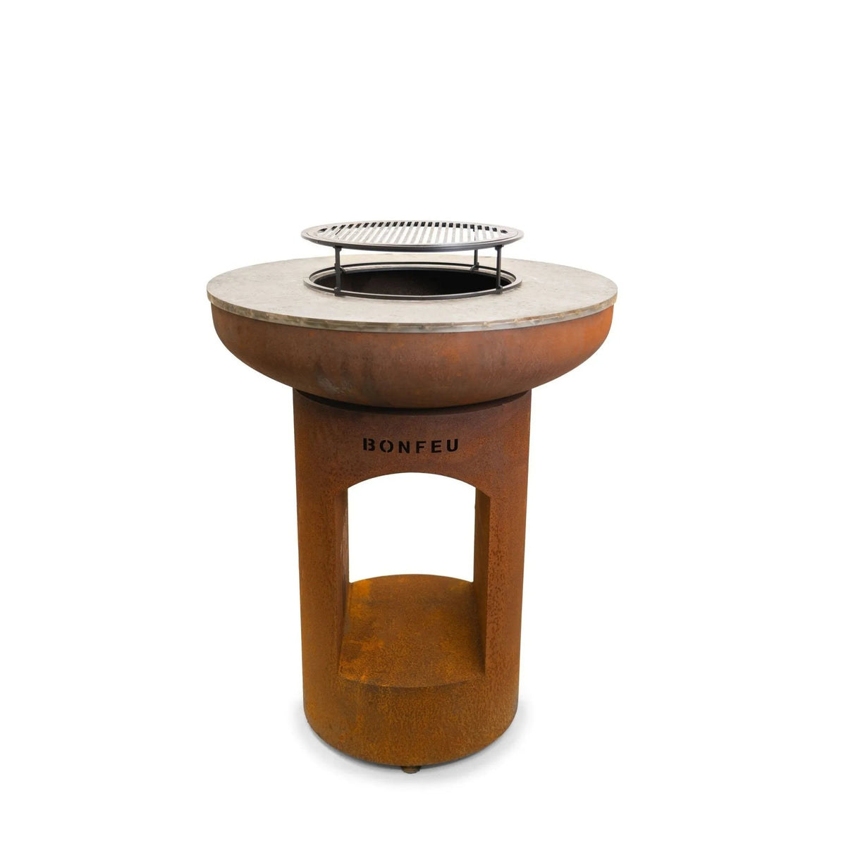 Rust-colored steel bonfeu grill plate with circular stone top and metal grill for bonfeu stand fire pit