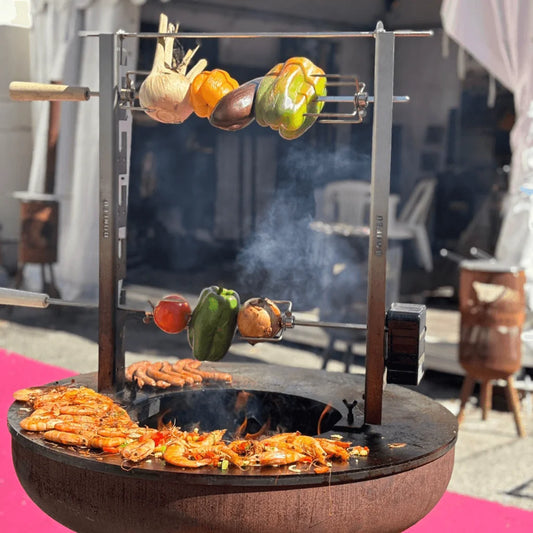 BonFeu motor for BonFeu rotisseries set stainless steel vertical rotisserie grill with rotating skewers cooking shrimp and vegetables