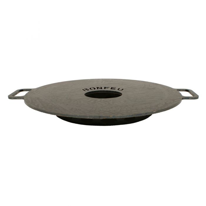 Gray cast iron bonfeu grill lid with two side handles and central hole for bonfeu plancha outdoor fireplace