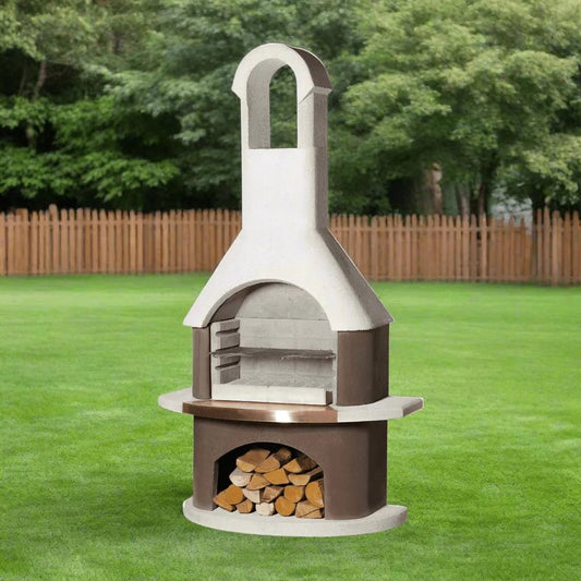 Buschbeck St Moritz masonry barbecue beige and brown outdoor pizza oven with copper-colored countertop
