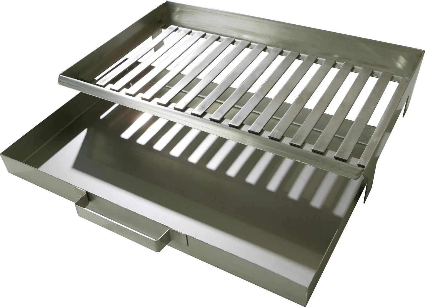 Buschbeck stainless steel firegrate with slatted design and integrated handle for masonry bbqs firegrate use