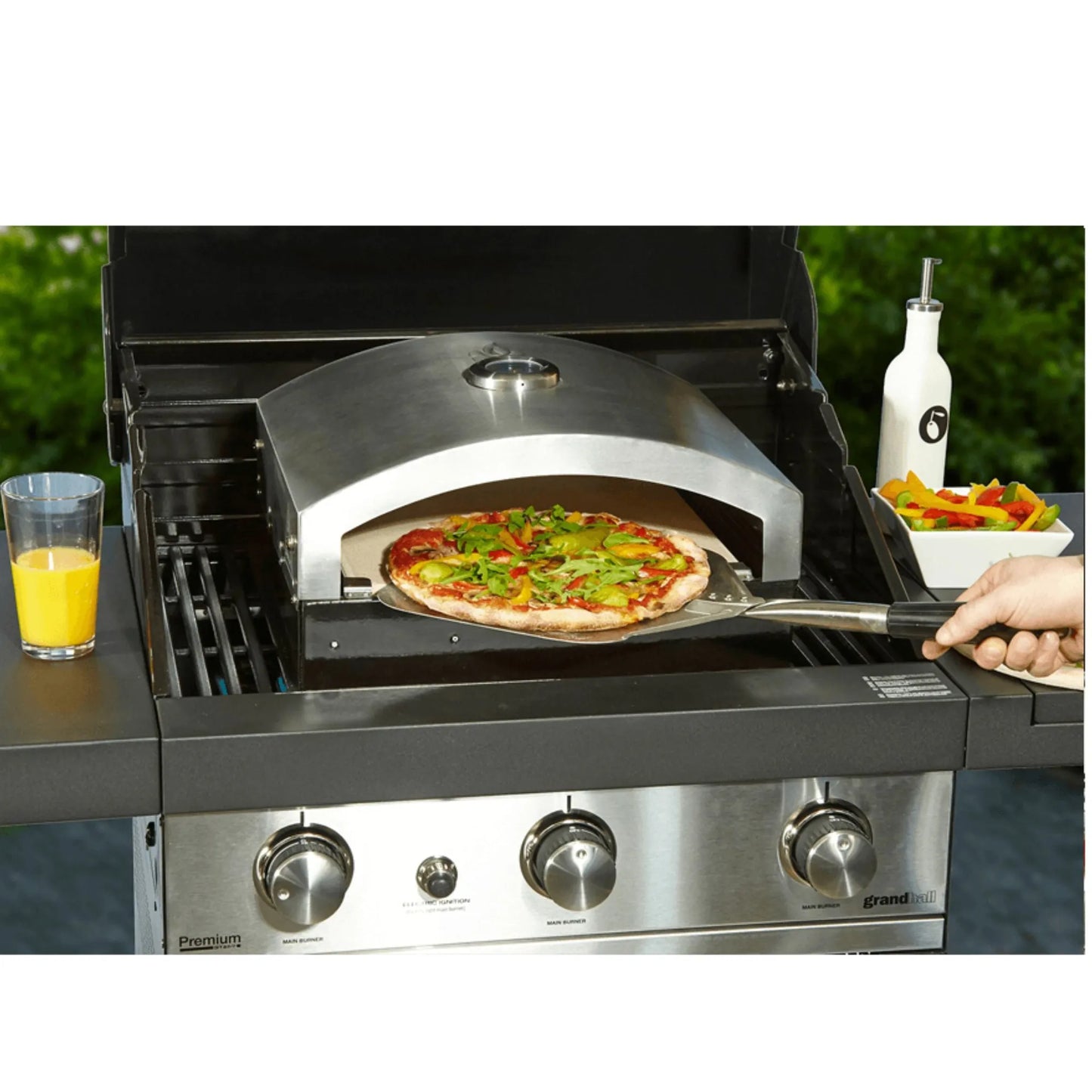 Buschbeck universal artisan outdoor pizza oven insert stainless steel curved modern design mounted on grill