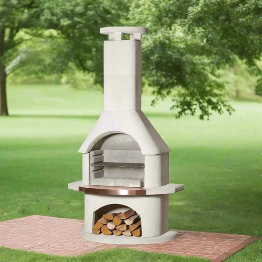 Buschbeck Venezia masonry barbecue cream-colored stone outdoor fireplace with copper trim and built-in wood storage