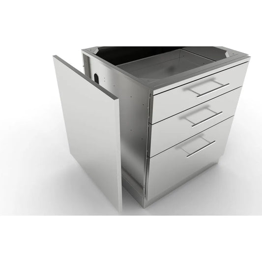 Stainless steel kitchen cart with four drawers and sink shown with sunstone universal base end panel scc27ep