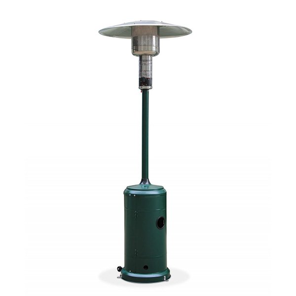 Green metal Capri patio heater with a silver dome-shaped top made of stainless steel for outdoor garden use