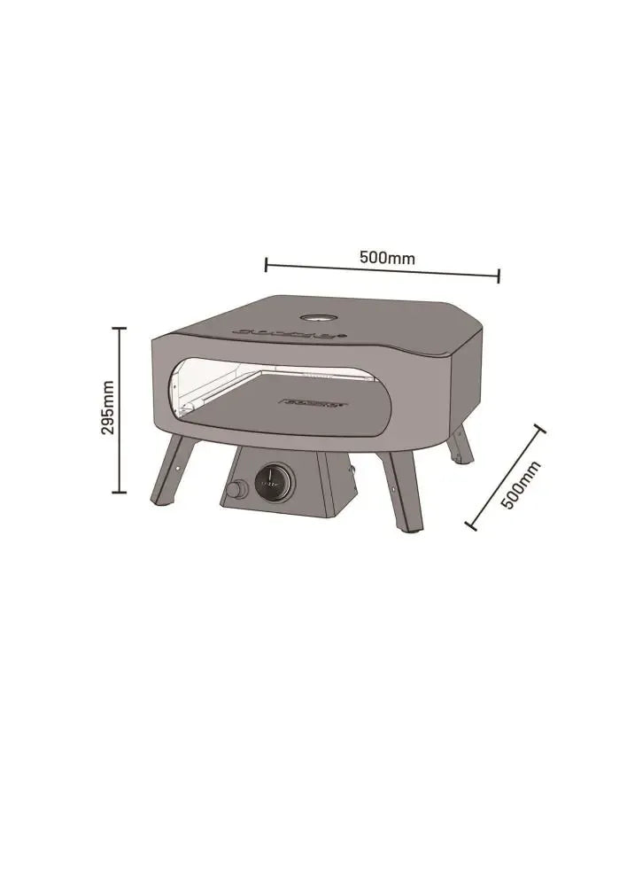 Gray rectangular cozze 13 inch classic outdoor gas pizza oven with glass window, four legs, and front control knob
