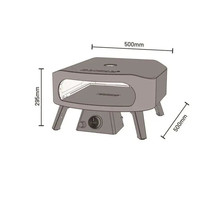 Gray rectangular cozze 13 inch classic outdoor gas pizza oven with glass window, four legs, and front control knob