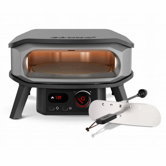 Gray and black Cozze 13 inch electric pizza oven premium rotate 90883 with digital display at 530°c and pepperoni pizza inside