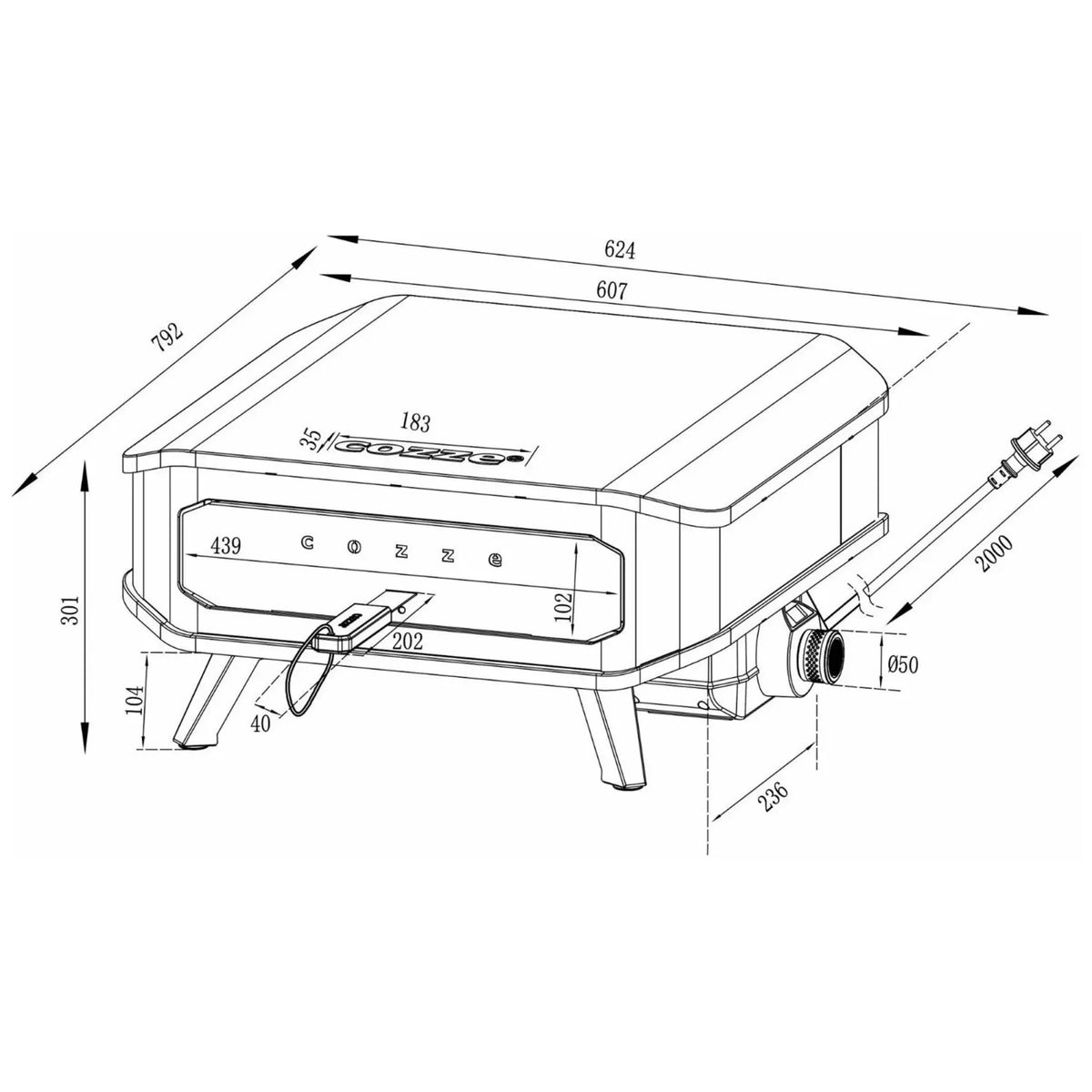 Cozze 17 electric pizza oven with pizza stone featuring a compact rectangular metallic grill and four sturdy legs