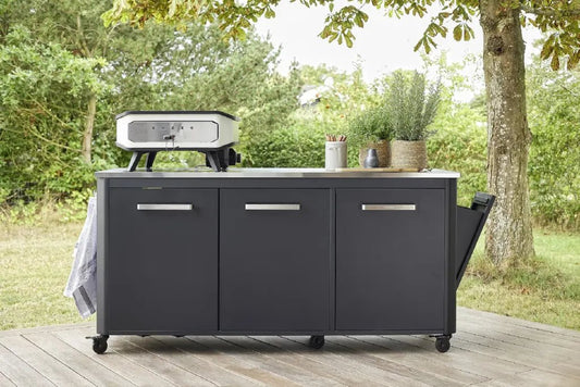 Black metal outdoor kitchen cart with silver handles and wheels and stainless steel countertop for cozze 17 inch electric pizza oven