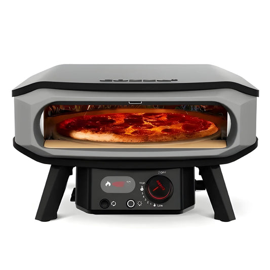 Gray and black gas cozze 17 inch premium rotate pizza oven with pepperoni pizza baking inside