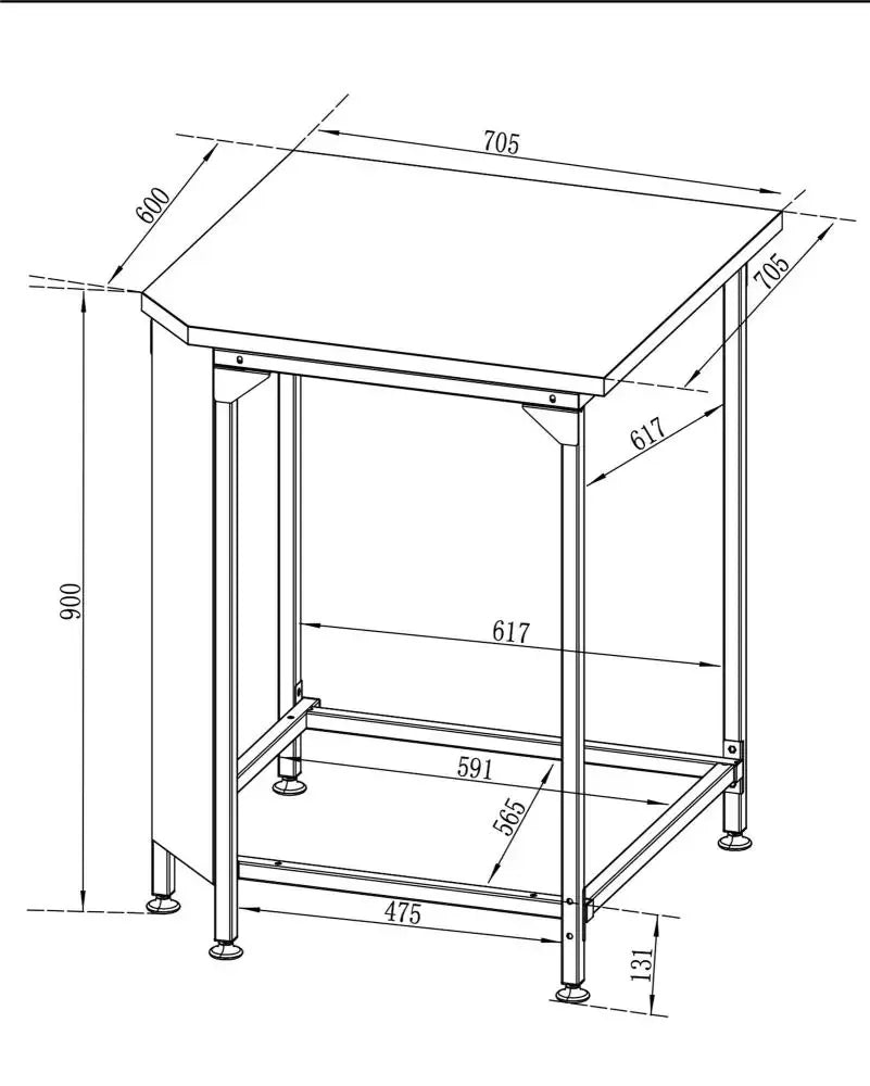 Metallic gray industrial-style cozze corner table for outdoor kitchen with flat top and sturdy frame featuring dimension markings