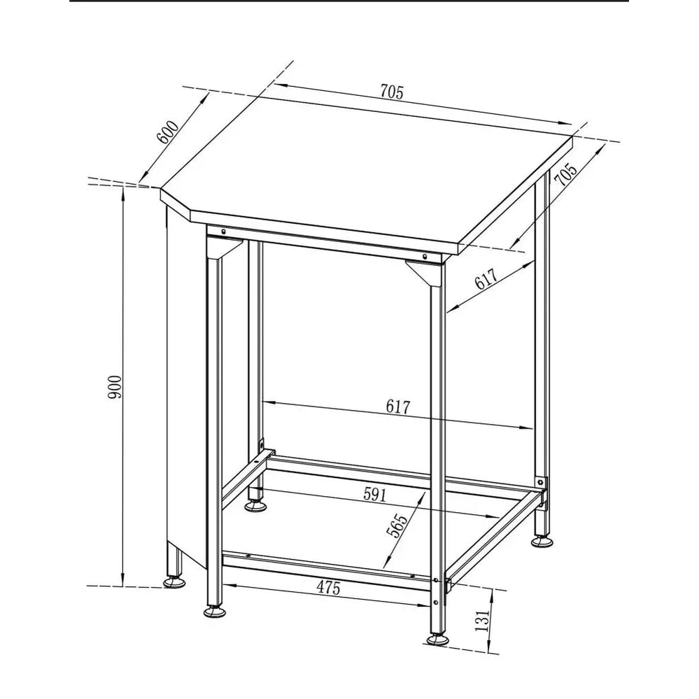 Metallic gray industrial-style cozze corner table for outdoor kitchen with flat top and sturdy frame featuring dimension markings