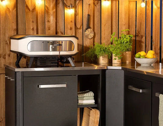White and stainless steel outdoor espresso machine with sleek modern design for cozze corner table outdoor kitchen 90531