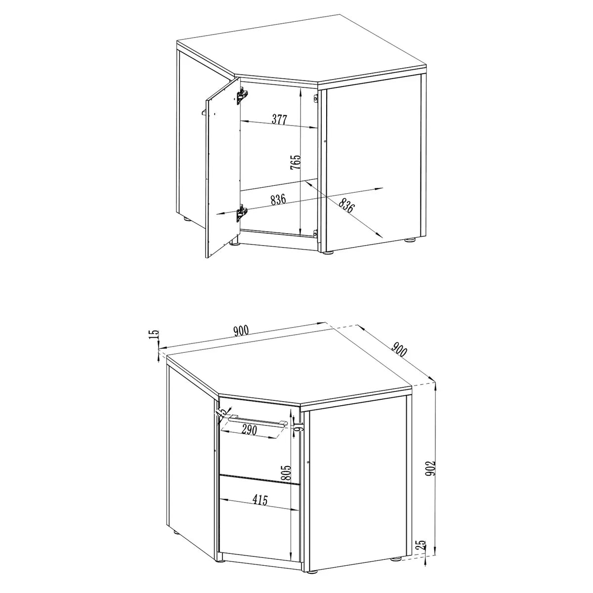 Corner cabinet with two doors and a drawer in white line drawing from cozze elements outdoor kitchen corner module 90981