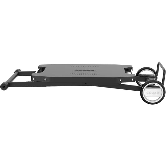 Black metal Cozze foldable outdoor table with two small wheels and flat platform for easy transport