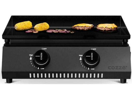 Black cozze electric griddle with two burners and flat surface cooking corn and burger patties cozze g-400 plancha grill