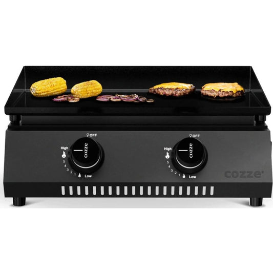 Black cozze electric griddle with two burners and flat surface cooking corn and burger patties cozze g-400 plancha grill