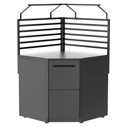 Black metal corner office cubicle with slatted top and two drawers in cozze led rack for corner unit 90260