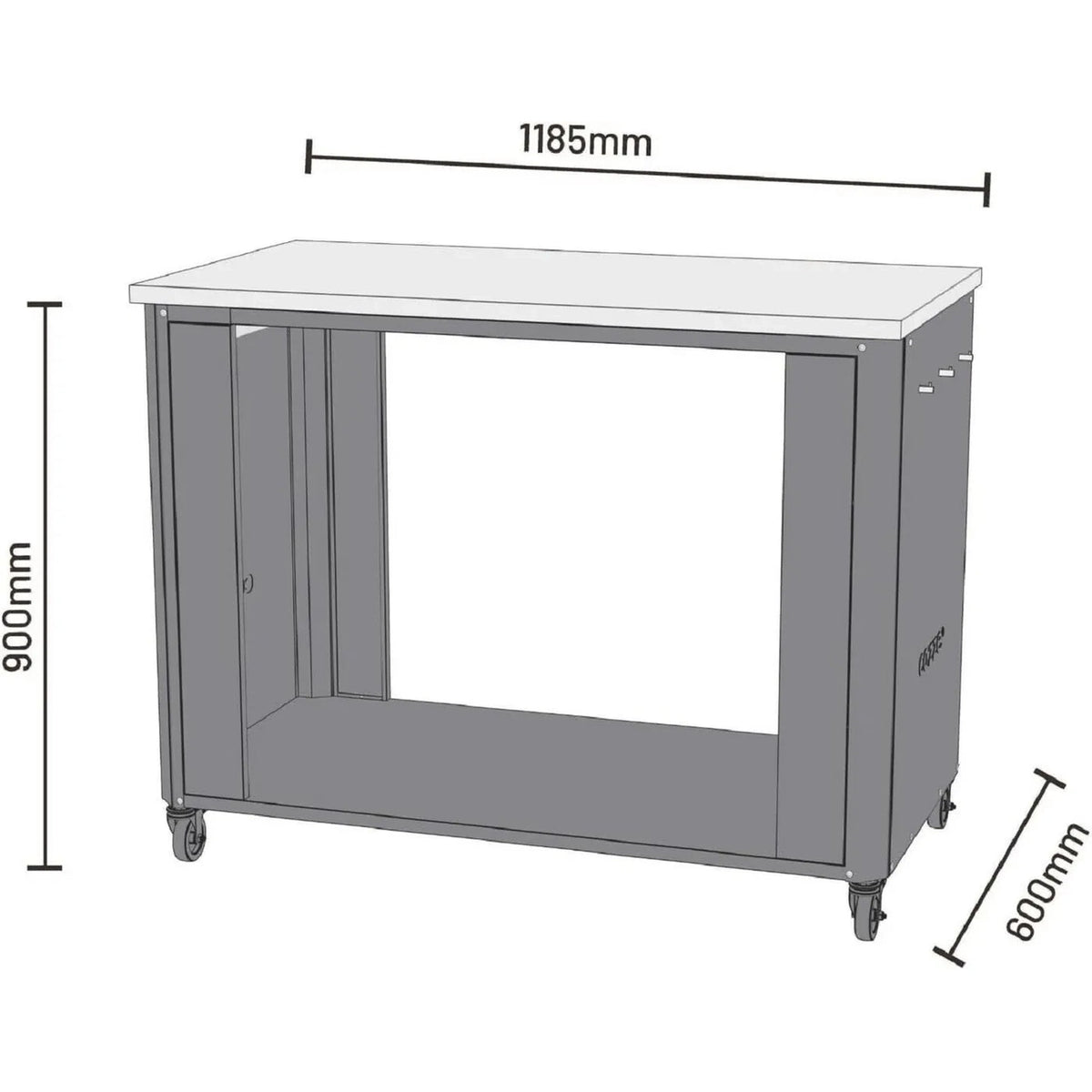Gray metal workbench with white stainless steel top and casters for cozze outdoor kitchen 115 model 90535