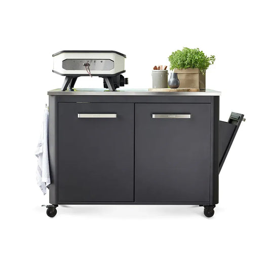 Black Cozze outdoor kitchen 120 cabinet with stainless steel countertop silver handles and built-in grill on top