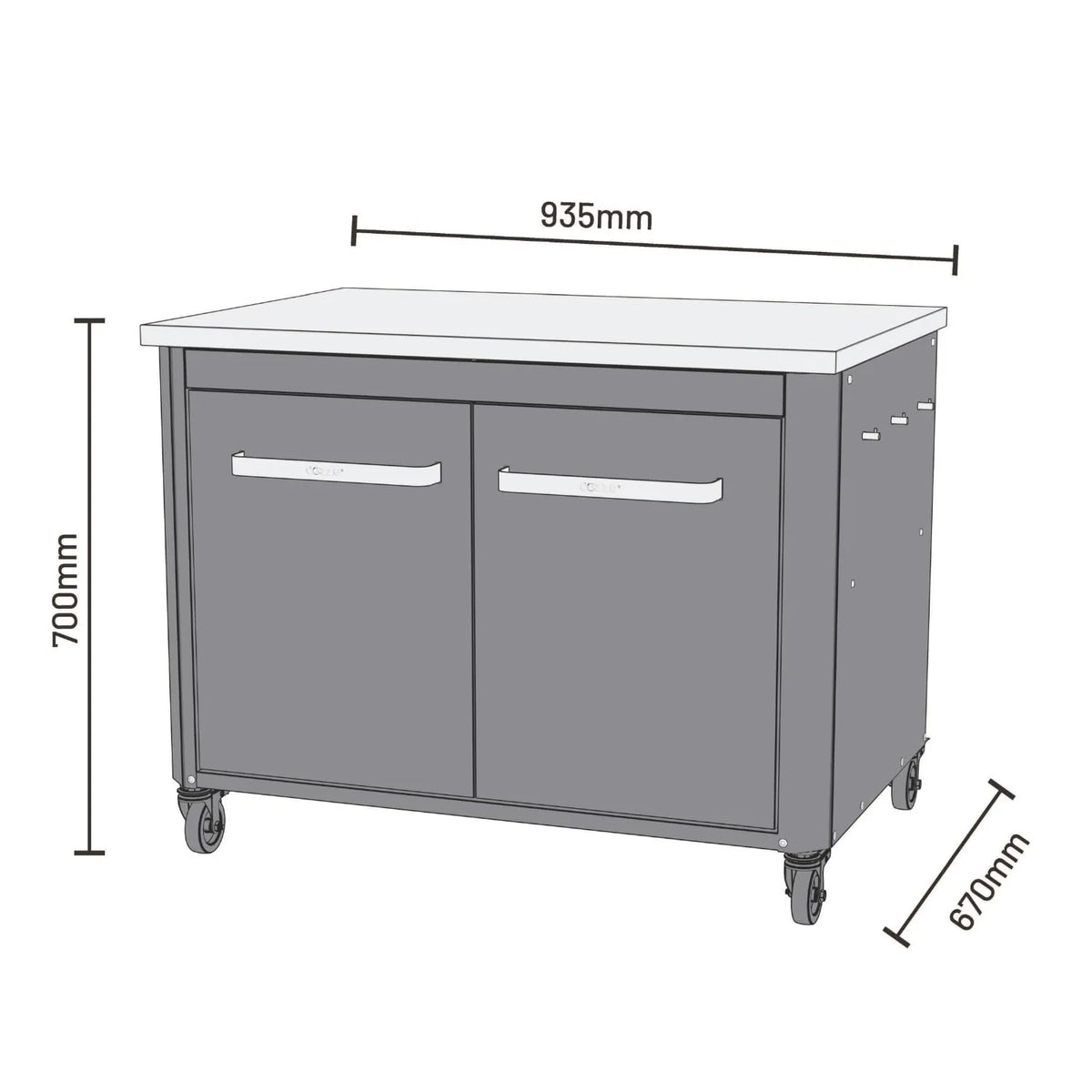 Gray stainless steel kitchen cart with white countertop and two doors for cozze outdoor kitchen 90 low cabinet bbq