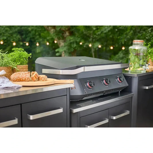 Black and stainless steel gas grill with three control knobs in cozze outdoor kitchen 90 low cabinet for bbq 90536