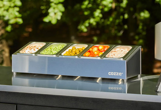 Silver stainless steel cozze brand countertop salad bar with five compartments for colorful toppings 90325
