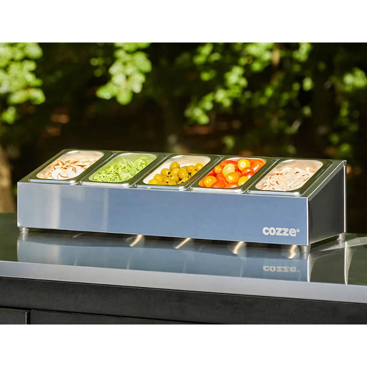 Silver stainless steel cozze brand countertop salad bar with five compartments for colorful toppings 90325