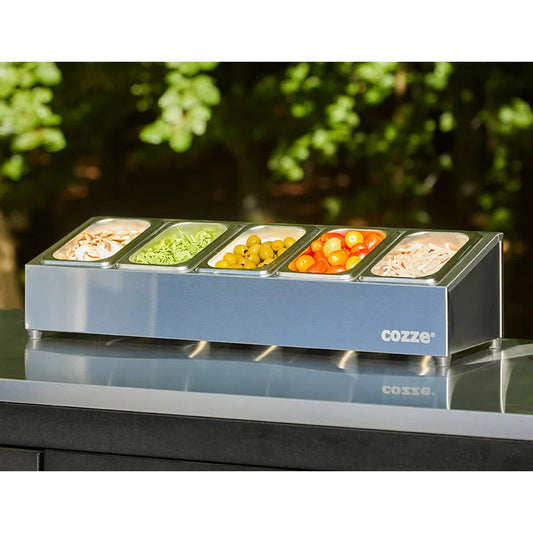 Silver stainless steel cozze brand countertop salad bar with five compartments for colorful toppings 90325
