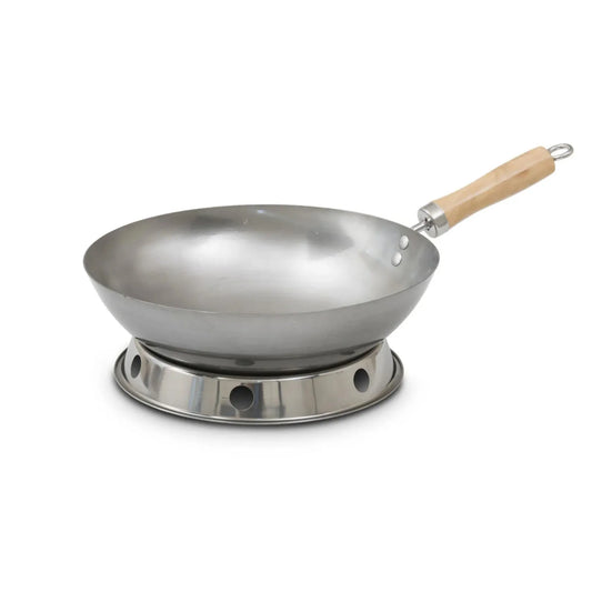 Silver stainless steel wok with light wood handle and matching circular burner base for hot wok trivet use