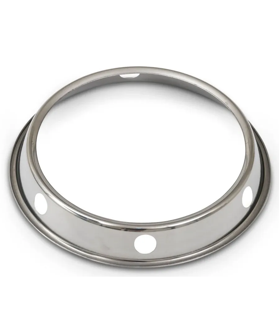 Hot wok trivet for wok pans with shiny chrome finished metal drum hoop and evenly spaced circular cutouts