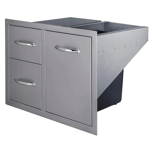 Gray stainless steel outdoor kitchen drawer unit with two drawers and trash tray combo featuring chrome handles