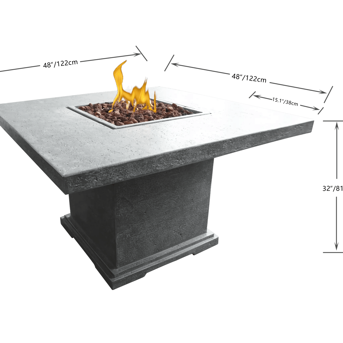 Elementi Birmingham dining fire table with modern gray concrete, square inset burner, glowing flames, and decorative stones