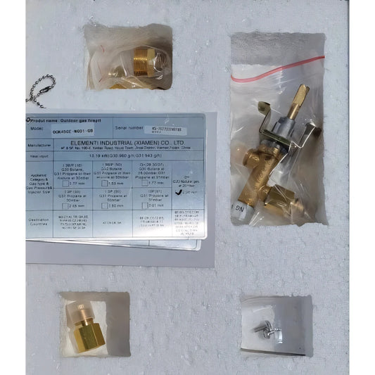 Brass outdoor gas valve with chain and mounting hardware for Elementi LPG to natural gas conversion kit OCK45 NG01