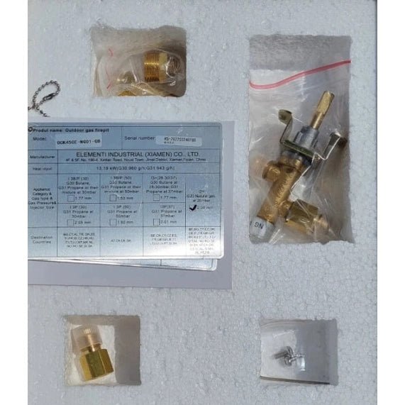 Brass outdoor gas valve with chain and mounting hardware for Elementi LPG to natural gas conversion kit OCK45 NG01