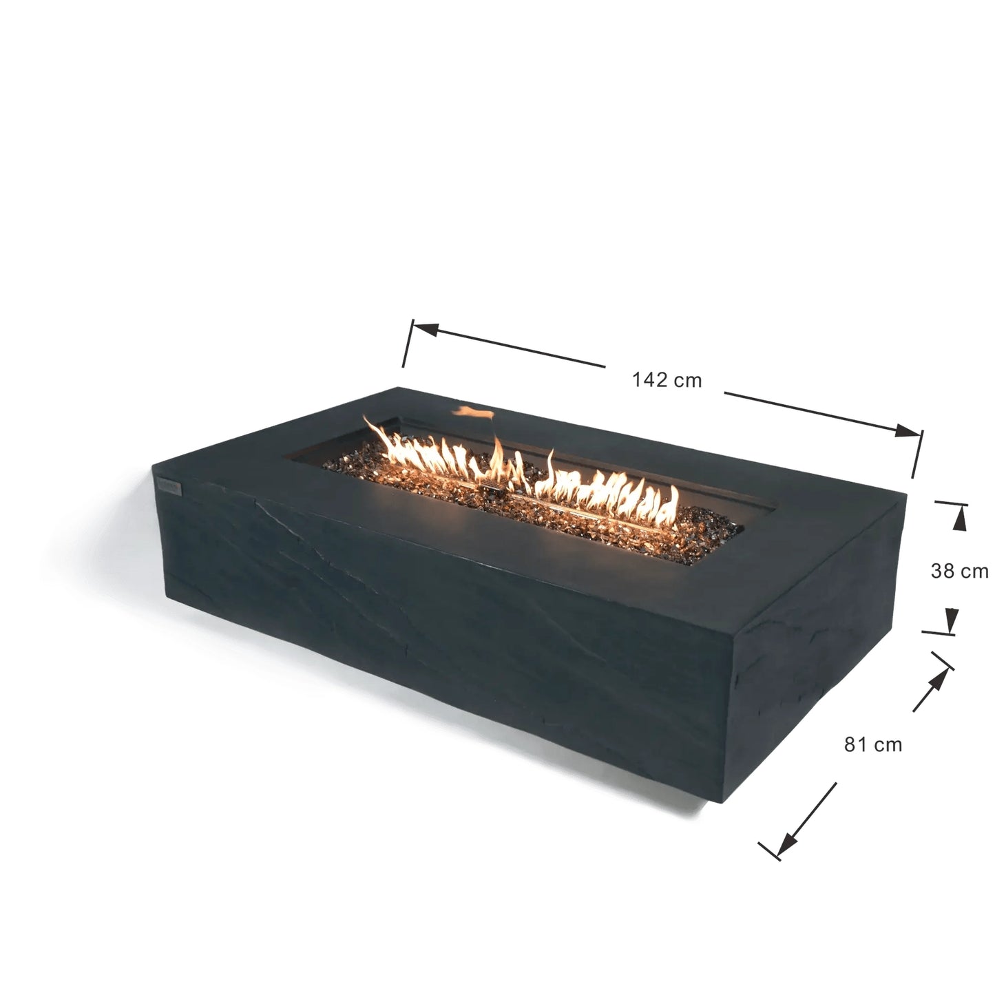 Black rectangular fire pit Elementi Plus Cape Town Fire Table with modern minimalist design and glowing recessed flames