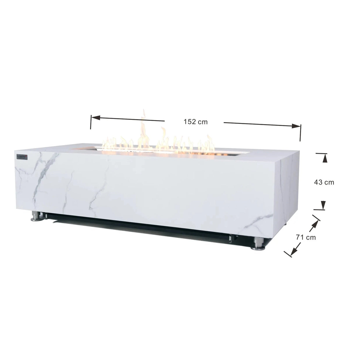 Elementi plus carrara fire table 16 kw rectangular fire pit with white marble effect top and stainless steel legs