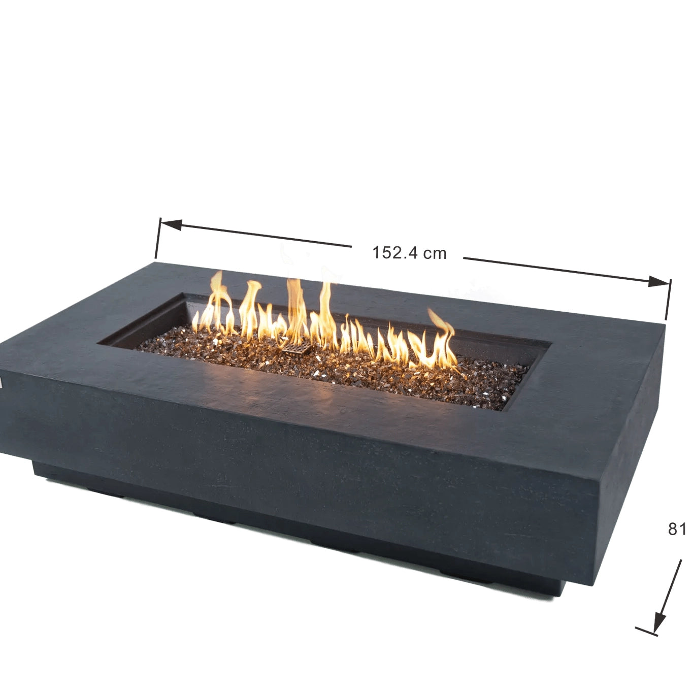 Modern black concrete Elementi Plus Positano fire table with a rectangular recessed flame bed and dark glass beads