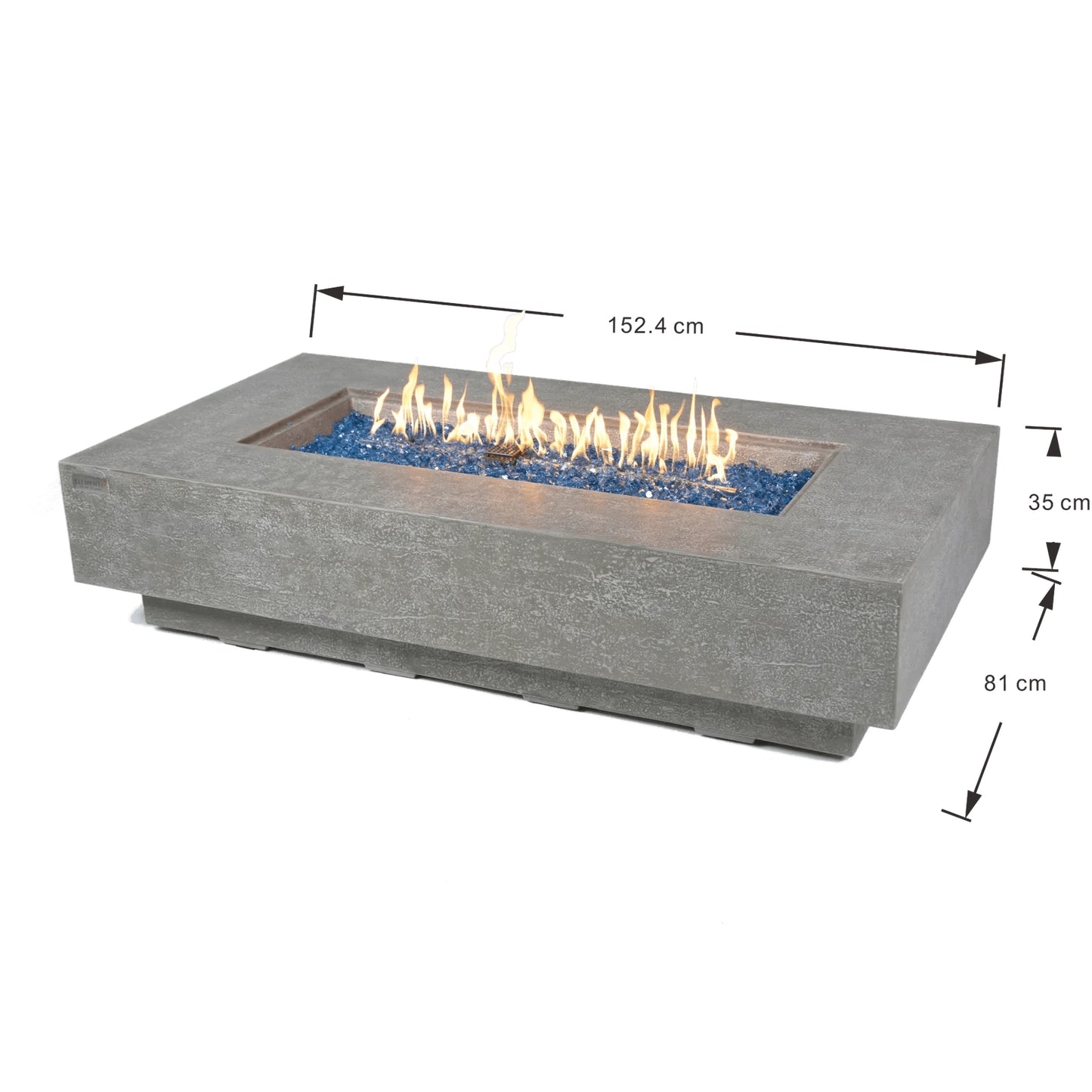 Gray concrete rectangular Elementi Plus Riviera fire table with blue glass beads and flickering flames inside