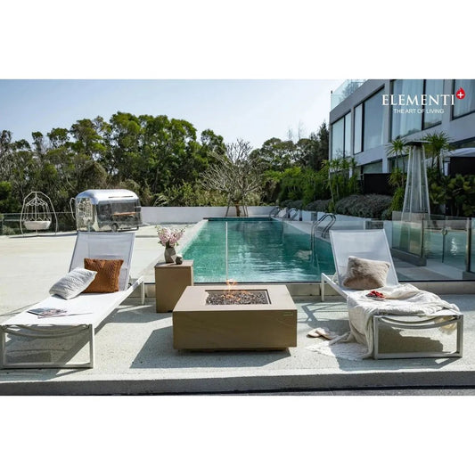 Beige square fire pit elementi plus uluru fire table with modern glass enclosed flame and 16 kW power output