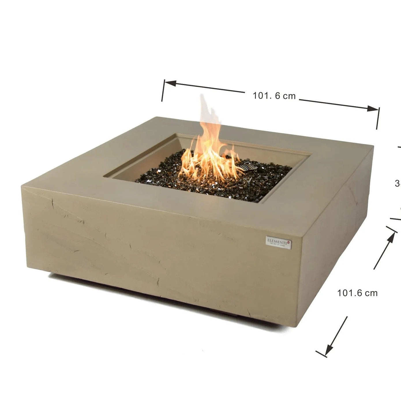 Beige square elementi plus uluru fire table with central flame and dark glass beads 16 kW OFG411SY