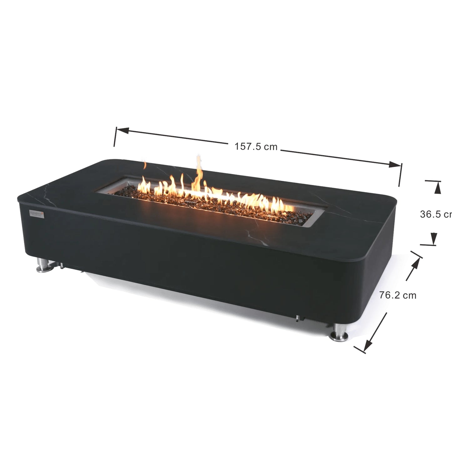 Elementi plus valencia fire table black rectangular design with 16 kW glass enclosed fire pit and glowing flames