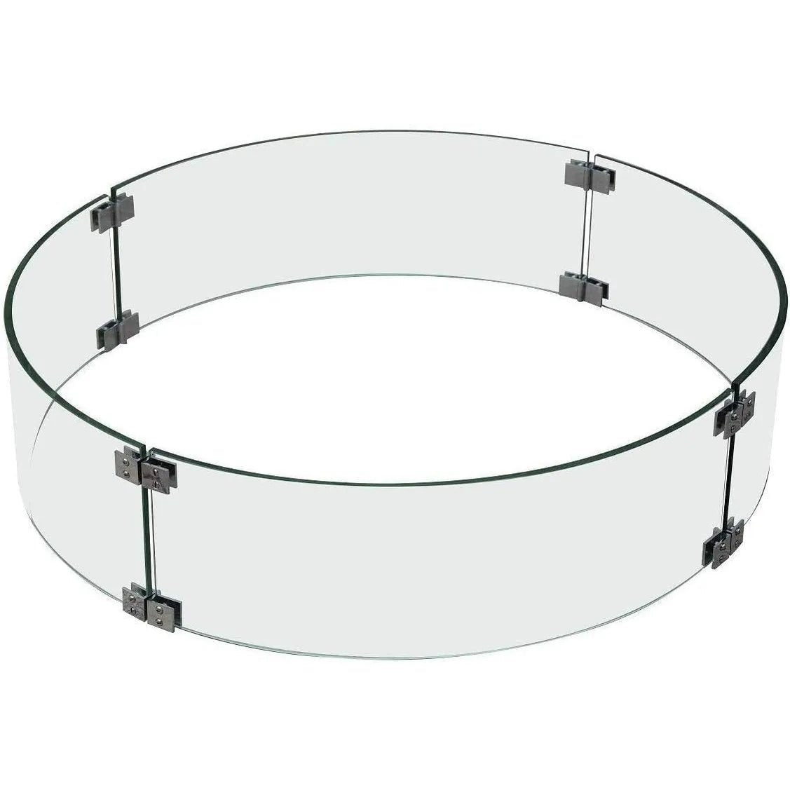 Clear glass fire pit screen with black metal hinges from elementi tempered glass wind screens collection